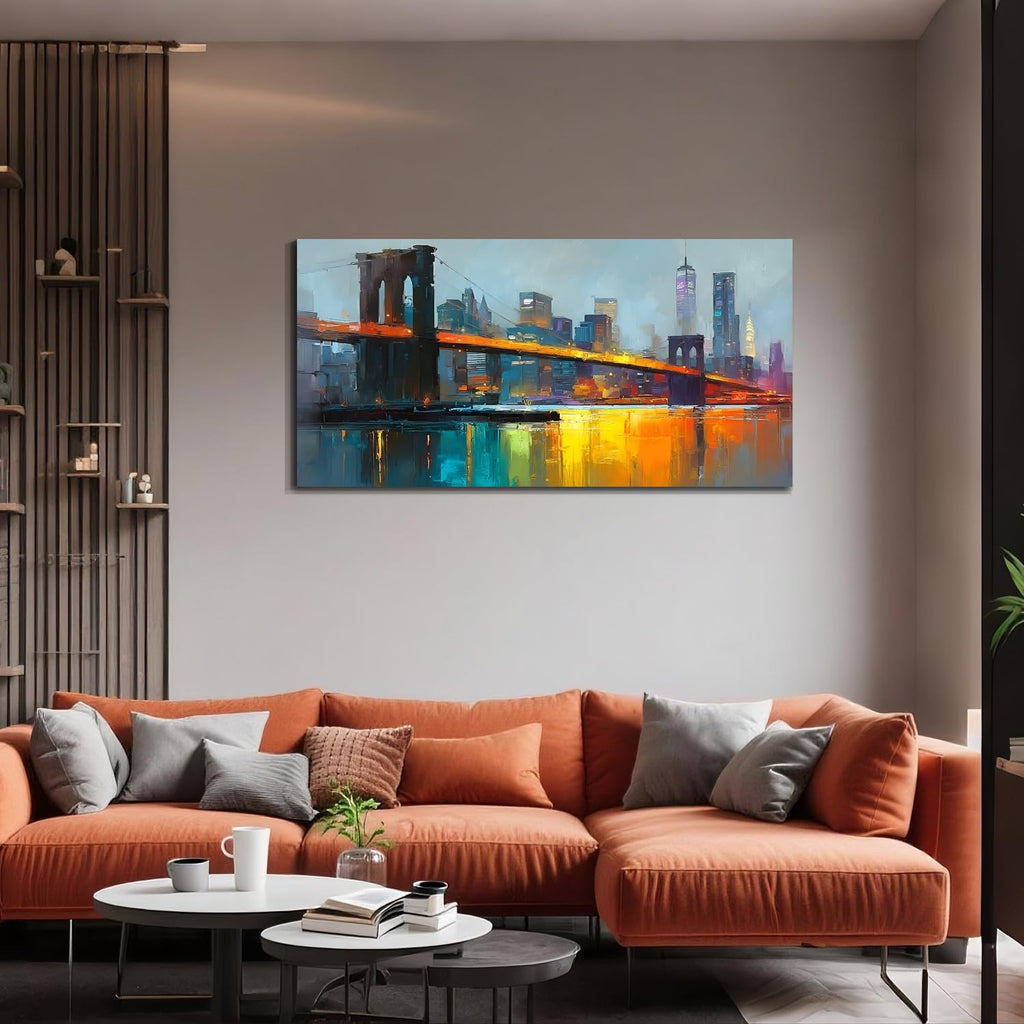 New York Brooklyn Bridge Canvas Wall Art | HD Print, night view cityscape painting, artwork for wall