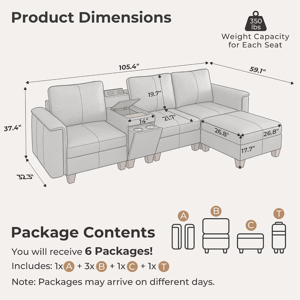 Faux Leather Modular Sectional Sofa with Storage, Mid Century Modern Sectional Couches , 105" Wide 4 Seat L Shaped