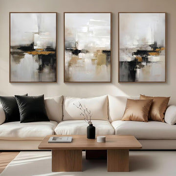 Neutral Abstract Wall Decor Mid Century Modern Framed Wall Art, Black and Brown Grunge Wabi Sabi Art Print Canvas Set