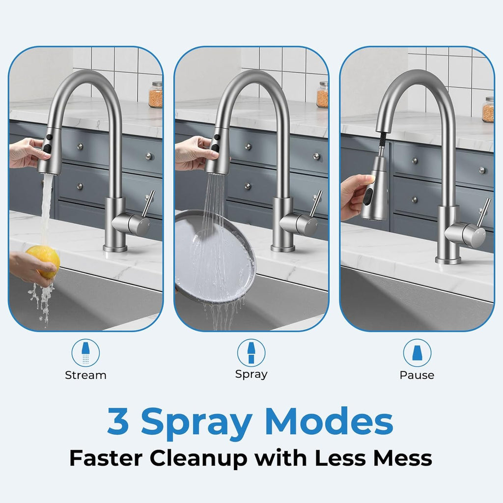 Kitchen Faucet with Pull Down Sprayer, VFAUOSIT Lead-Free Kitchen Sink Faucet Brushed Nickel Stainless Steel High Arc