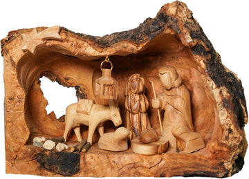 Nativity Scene in Manger Carved Inside of a Solid Piece of Olive Wood Branch - Christmas Tree Nativity Décor - Made