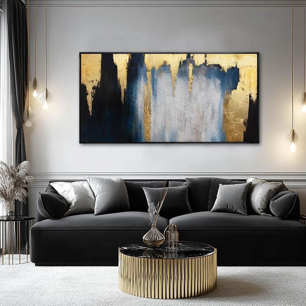 Abstract Blue and Gold Wall Art with Black Frame Modern Canvas Painting Large Artwork Bedroom Office Home