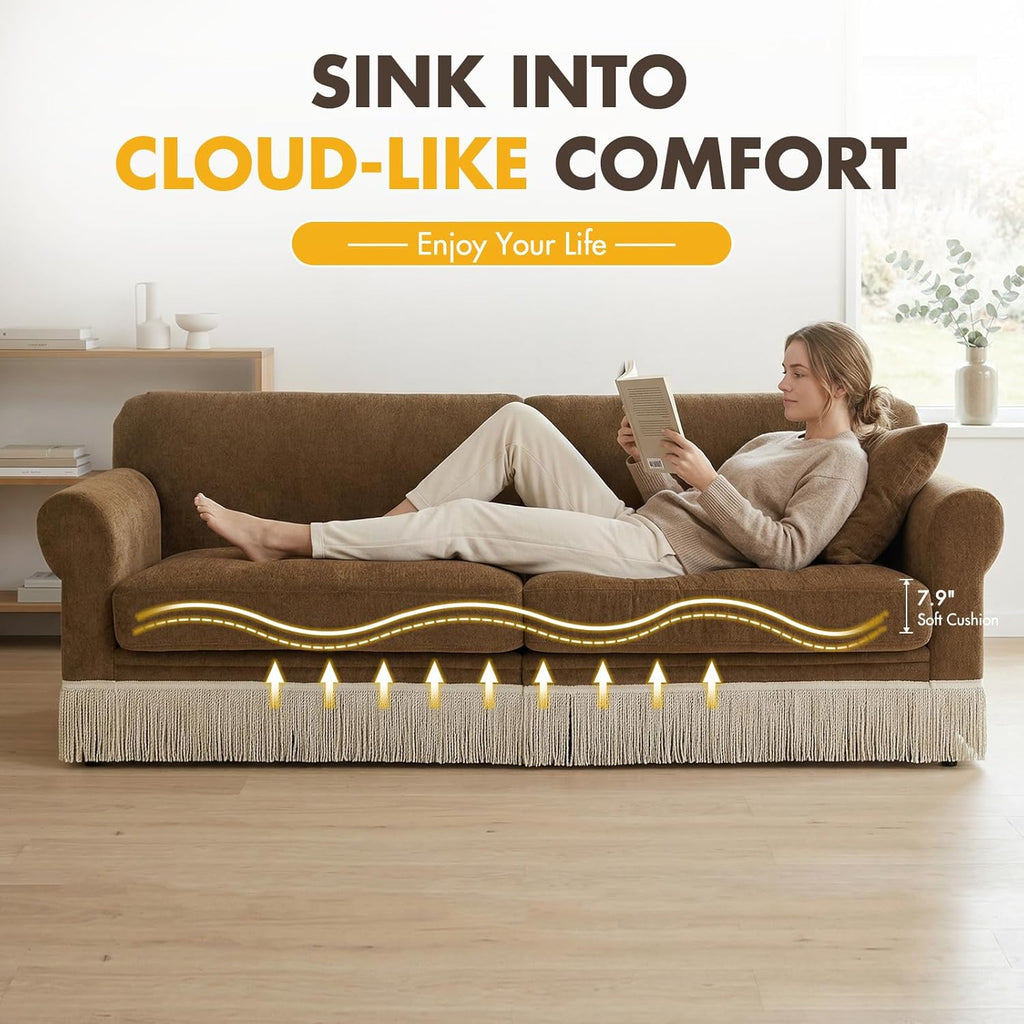 86" Chenille Sofa Couch - Mid-Century Modern 3-Seater Deep Seat Sofa with Vintage Tassel Design Pet-Friendly Soft