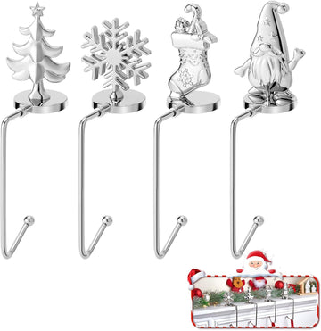 Christmas Stocking Holders for Mantel Set of 4, Non-Slip Adjustable Mantle Stocking Holders, Snowflake Snowman