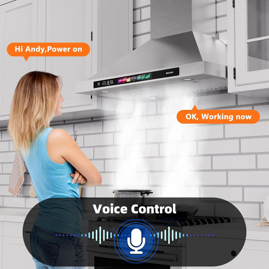 30 Inch Stainless Steel Wall Mount Range Hood 900 CFM 4 Speed Voice, Gesture & Touch Control, Adjustable LED Lights Memory Function