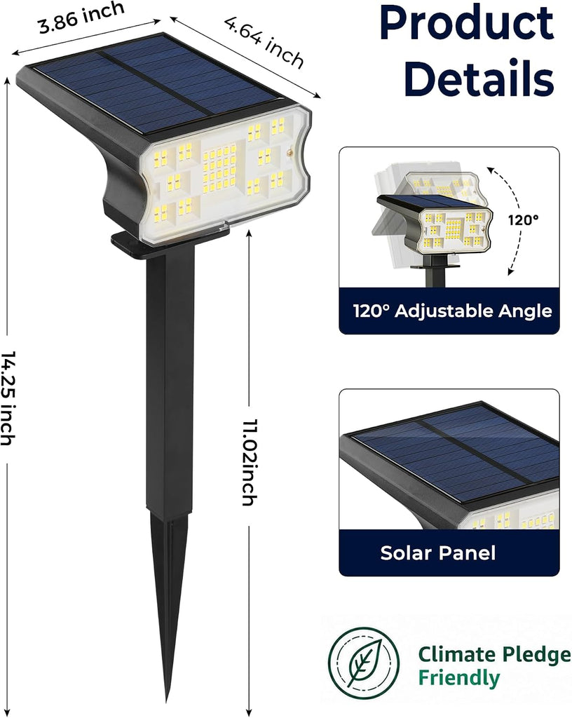 Solar Lights Outdoor Waterproof IP67, 60 LED 3 Lighting Modes Solar Spot Lights Outdoor for Yard Garden Pathway