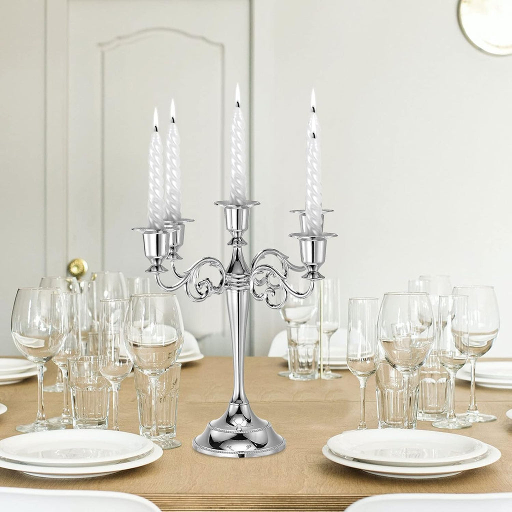 Candelabra Candle Holders, 5 Arm Metal Candlestick Stand for Taper Candles, 10.5 inch Tall Candle StandDecor, Silver