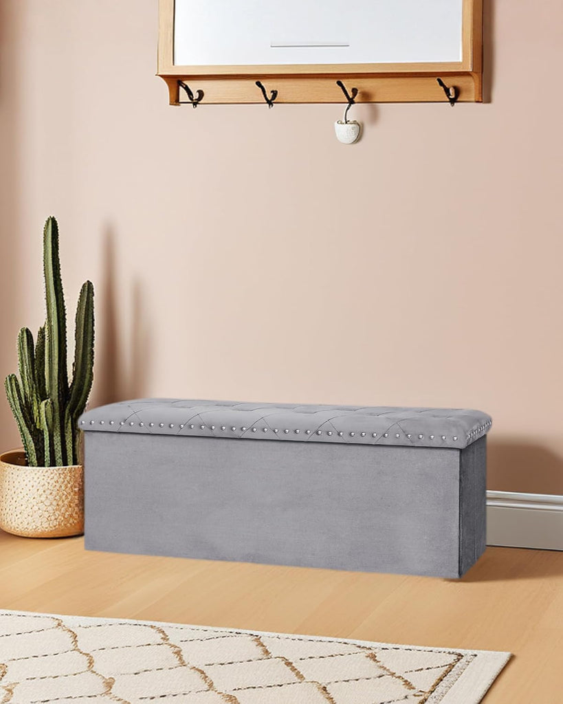 Velvet Storage Ottoman Bench, 43.3" Upholstered Tufted Ottoman with Storage, Folding Footrest Bench , or Entryway