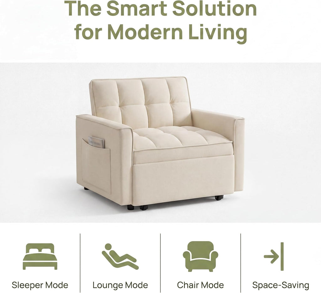 Sleeper Chair with Pull Out Bed, 3 In1 Convertible Couch Bed, White | Adjustable Backrest,Soft Cushioning,Handy Side