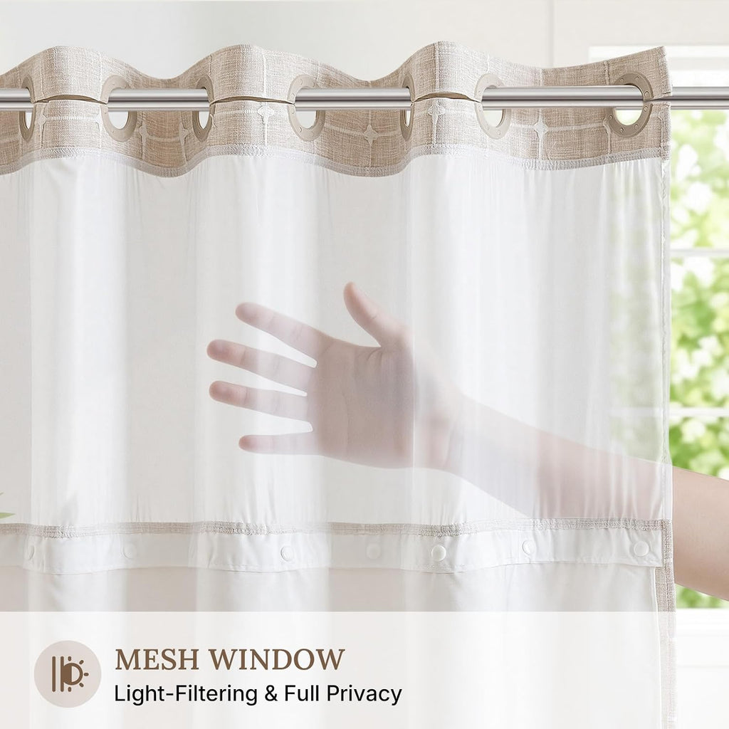 Farmhouse Linen Textured Shower Curtain with Snap-in Liner Set, No Hooks Needed, with Tassels for Rustic Bathroom