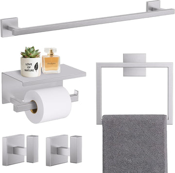 5-Pieces Brushed Nickel Bathroom Hardware Accessories Set 23.6" Towel Bar Set Wall Mounted Square Toilet Paper Holder