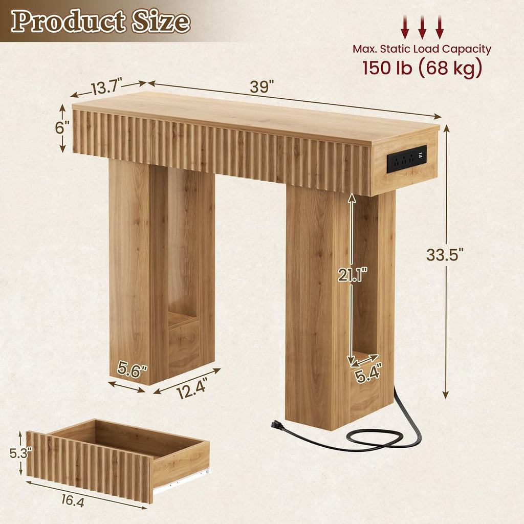 39" Console Table with Drawer and Outlets W/USB-C, Modern Fluted Entryway Table with Storage, Sofa Table Behind The