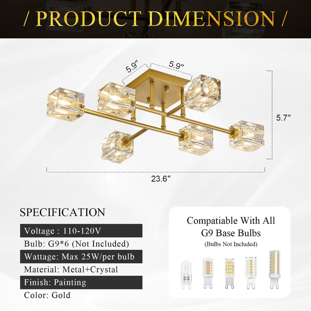 24" Gold 6-Light Luxury Semi Flush Mount Ceiling Light Modern K9 Crystal Kitchen Island Sputnik Chandelier for Dining