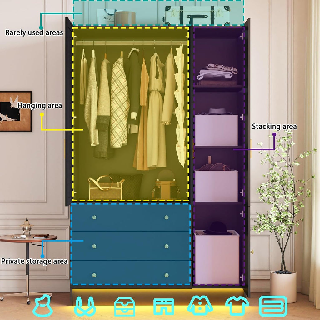 75" Tall Wardrobe Closet with 3 Doors & 3 Drawers, Modern Armoire with Mirror & LED Lights, Wooden Armoire Wardrobe