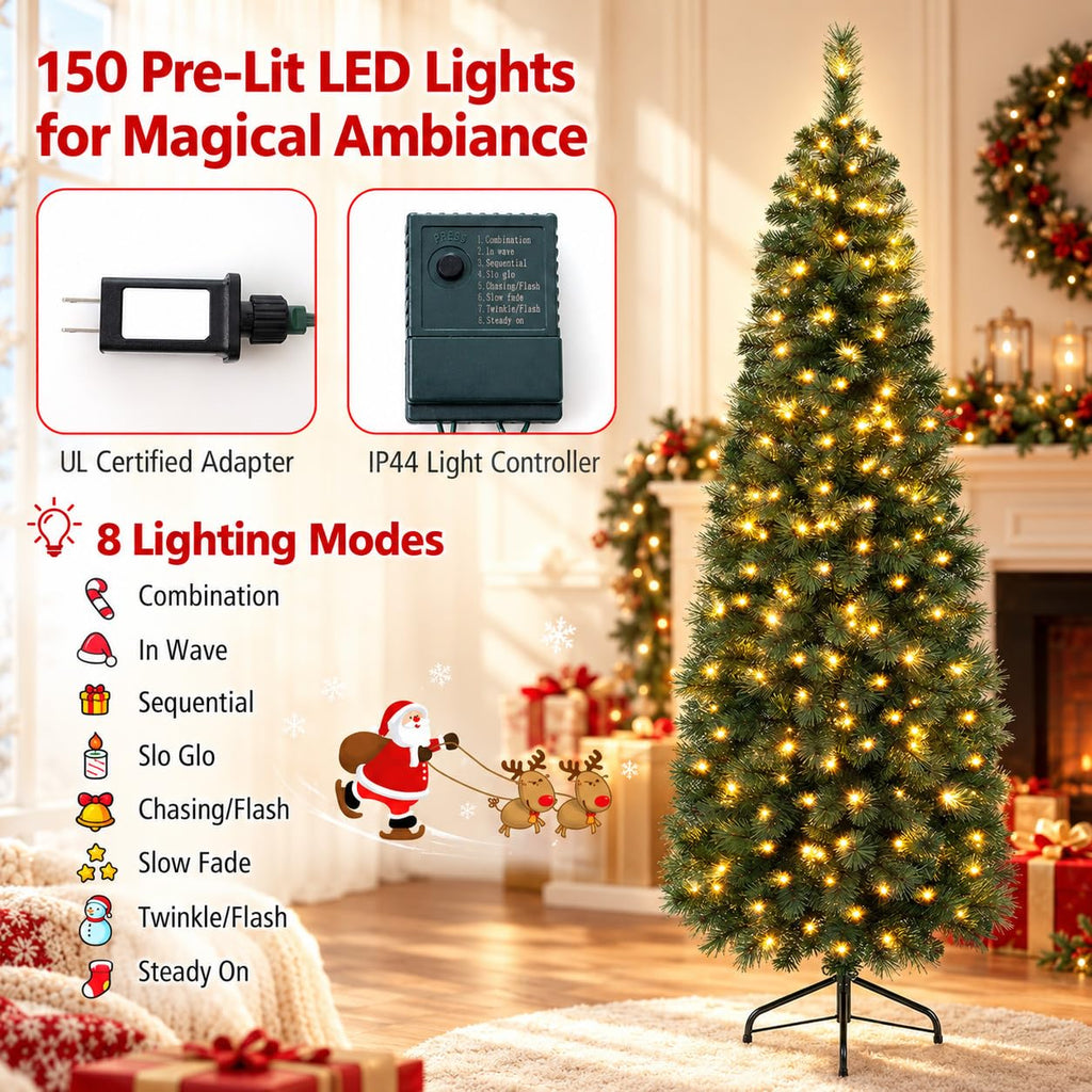 7 FT Pre-Lit Artificial Half Christmas Tree with 8 Lighting Modes