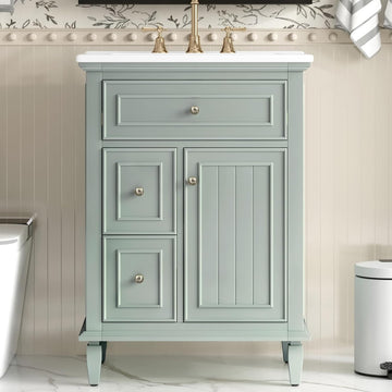 24 Inch Bathroom Vanity with Sink, Solid Wood Bathroom Sink Vanity with Drawers, Freestanding Bathroom Vanities with Adjustable Shelf, Light Green