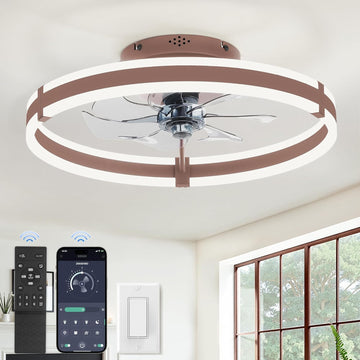 Ceiling Fans with Lights and Remote, 19.7'' Low Profile Ceiling Fan, 3000-6000K Dimmable Modern Flush Mount LED Fan Light, 6 Wind Speeds, Brown Fandelier Ceiling Fans for Bedroom