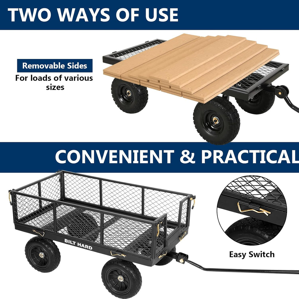 10" Flat Free Tires Heavy Duty Garden Cart with 180° Rotating Handle and Removable Sides, 4 Cu.Ft 400 lbs Capacity