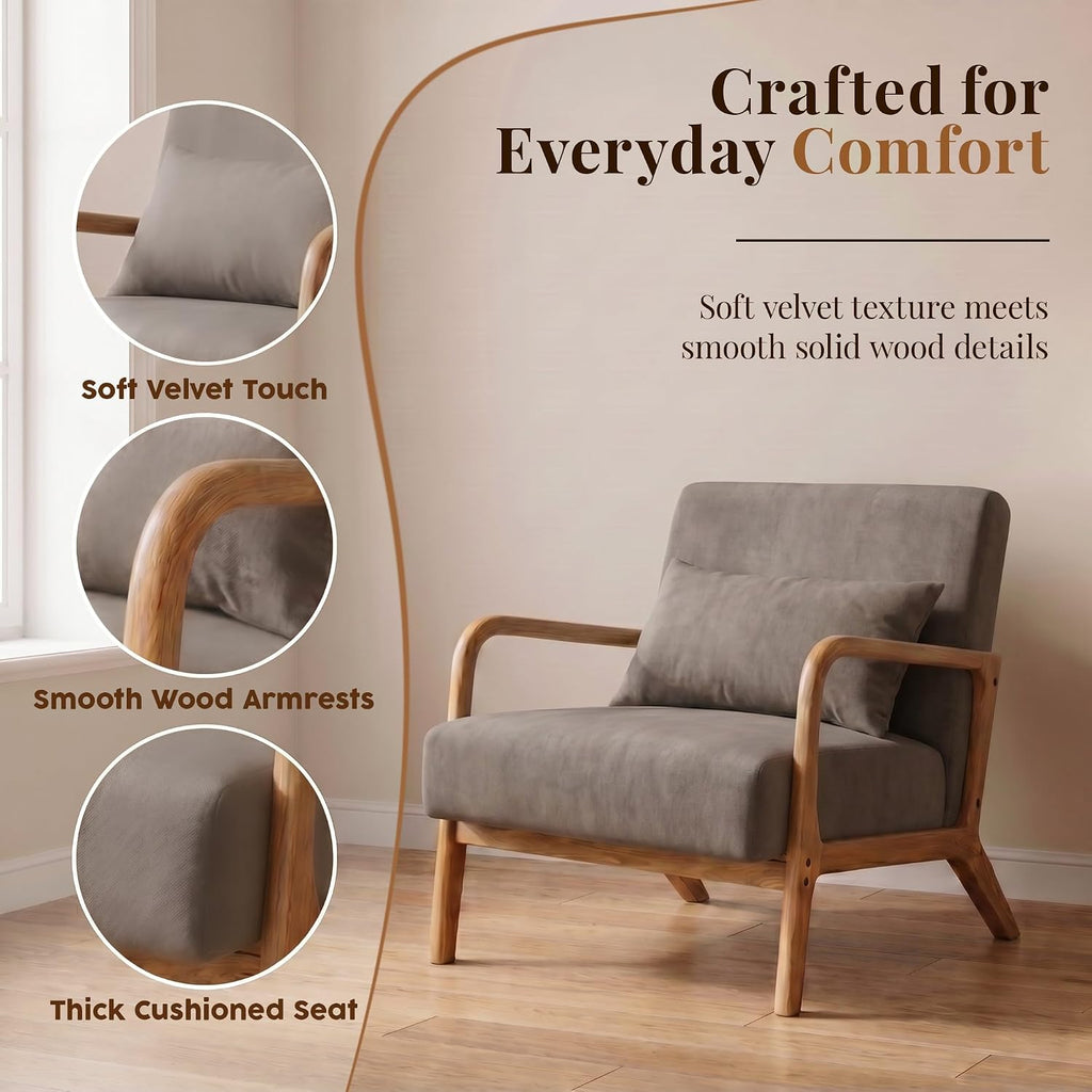 Modern Accent Chair, Taupe Knitted Fabric Upholstered Armchair with Solid Wood Frame, Comfy Reading Chair Bedroom