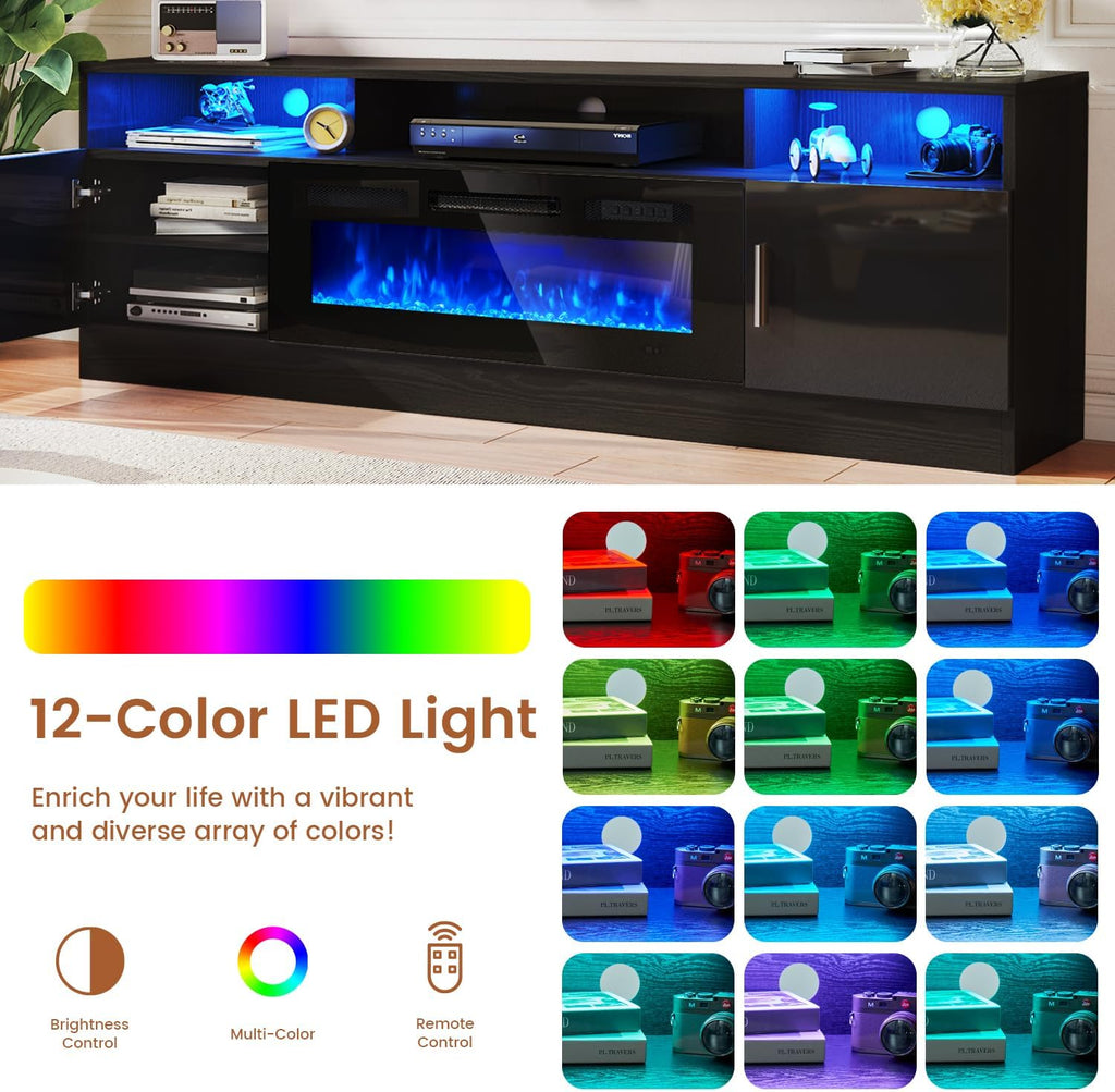 70" Fireplace TV Stand with Power Outlet for TVs UP to 80", Electric Fireplace Entertainment Center with LED Lights & Storage Cabinets, TV Console for Living Room, Office, Black-Black