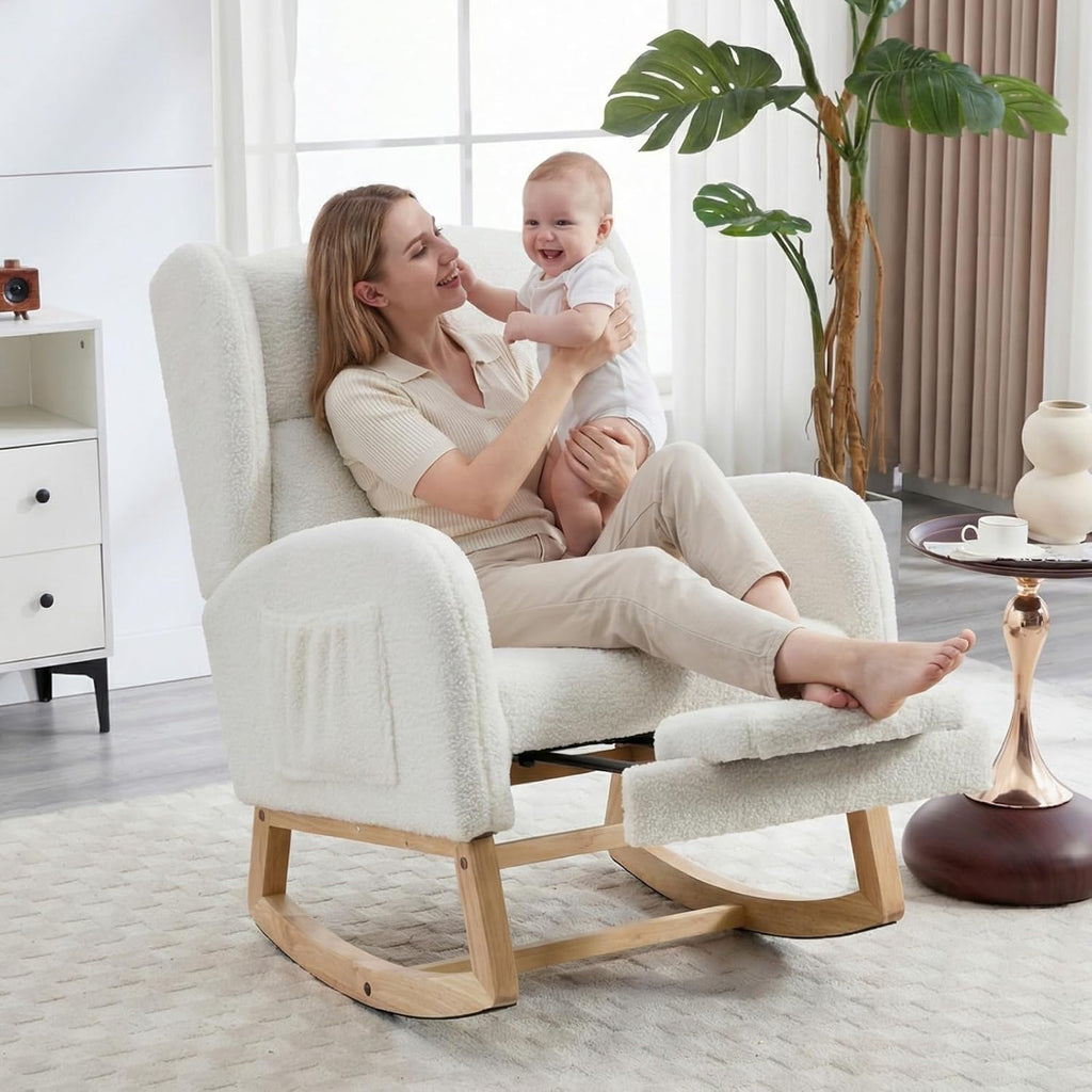 Nursery Rocking Chair with Footrest, Teddy Upholstered Glider Chair, Rocker Nursery Chair with Side Pocket, Glider