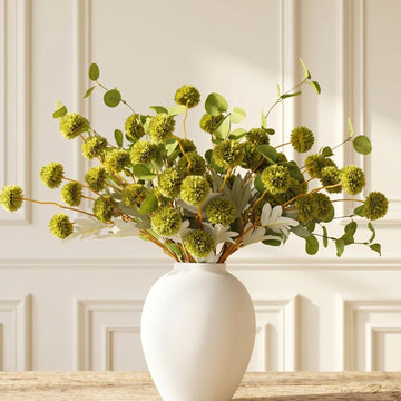 Green Flowers Artificial 10 Long Stems & 2pcs Eucalyptus Branches For Vase, Faux Silk Mum Greenery Arrangement