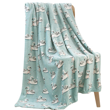 Soft Fleece Throw Blanket, Farmhouse Elegant White Swans Aqua, 50x70