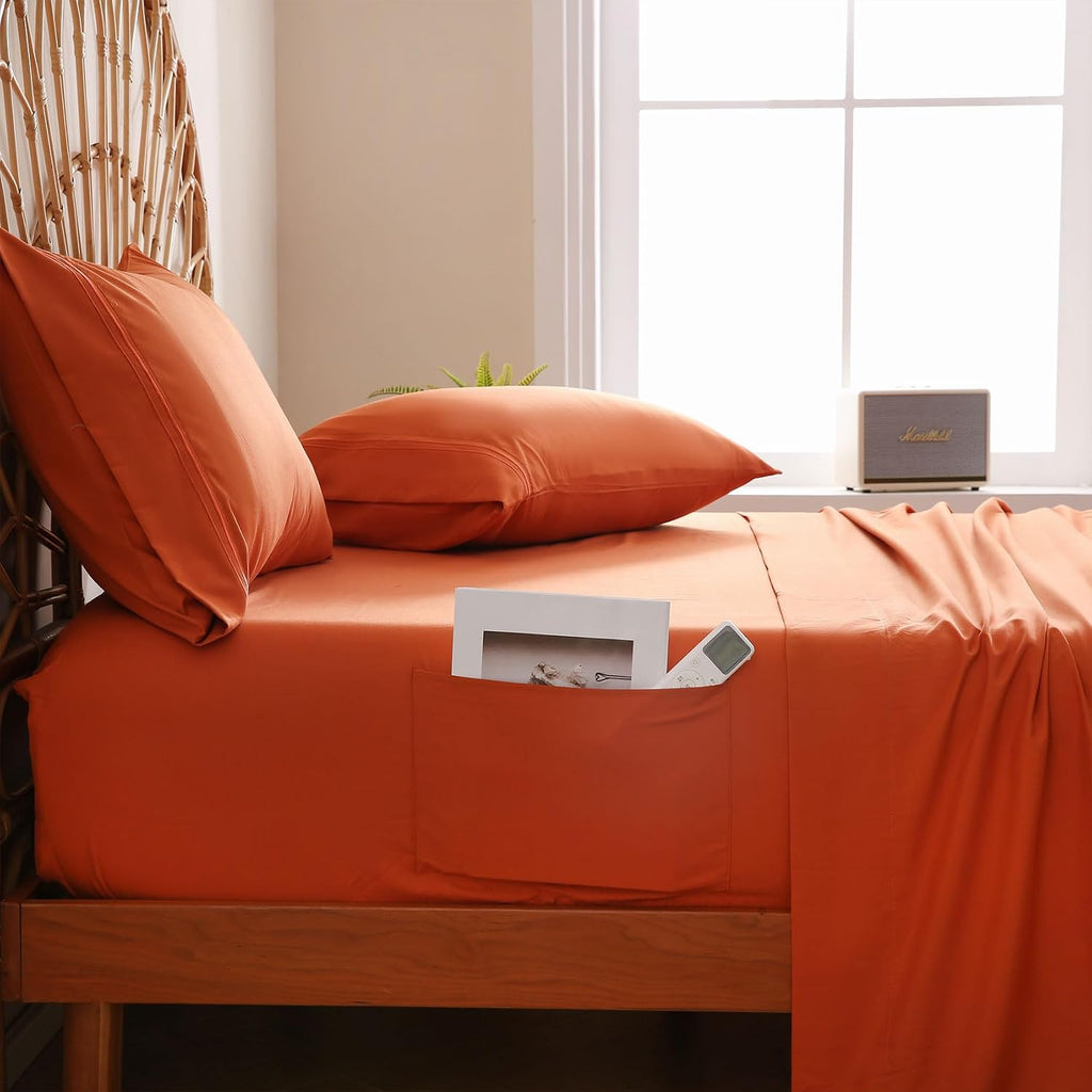 Orange Sheet Set with Side Storage Pocket, 4 Piece Soft Microfiber Bed Sheets Deep Pocket Corner Straps