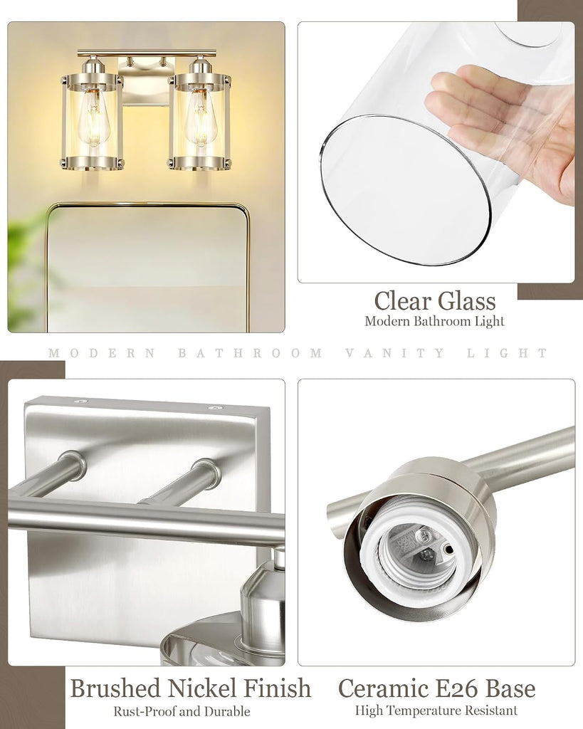 2-Light Brushed Nickel Bathroom Light Fixtures, 13.8 Inch Modern Bathroom Vanity Lighting Fixtures Over Mirror with