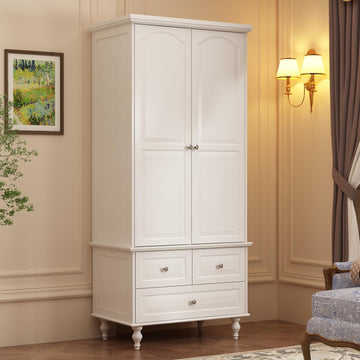 Bedroom Armoire Wardrobe Cabinet with 3 Drawers & Rod, White | 2 Doors Wood Armoire Closet with Hanging Rod, 3