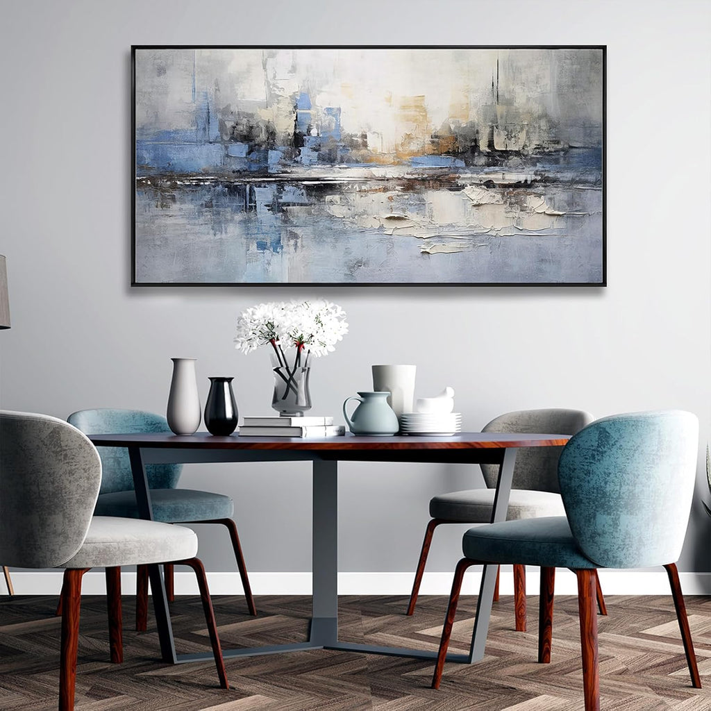 Abstract Wall Art Blue and White Reflection Framed Artwork Wall Decor Canvas Painting Stretched Canvas