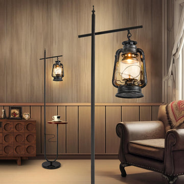 Vintage Floor Lamp with Table, Classical Lantern Standing Rustic Farmhouse Nightstand Hanging Arc Floor Lamp with