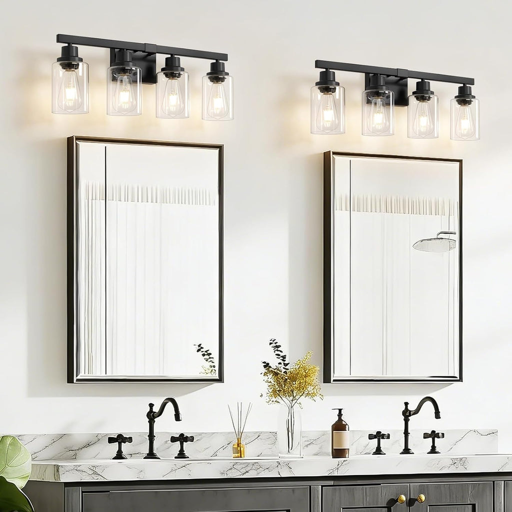 4-Light Bathroom Vanity Light, Modern Matte Black Wall Sconce Lighting with Clear Glass Shade, Bathroom Lighting