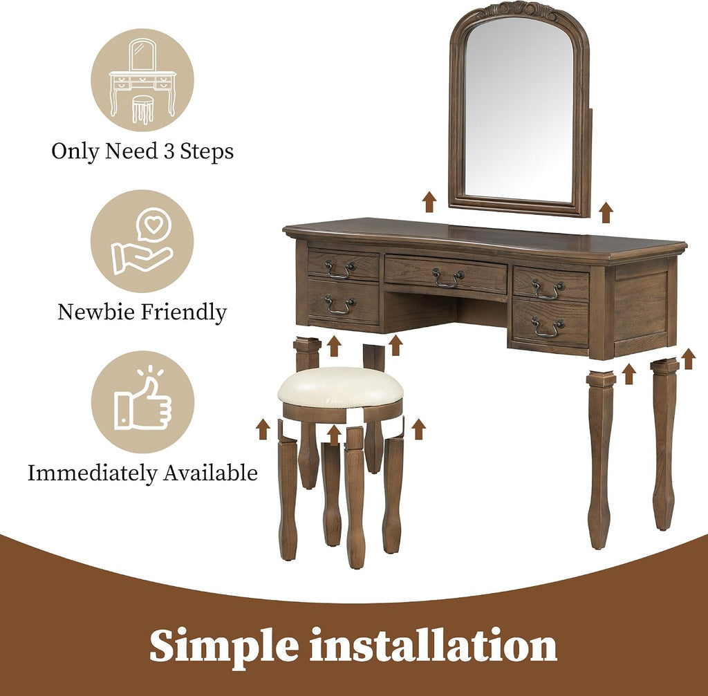 46" Vintage Vanity Desk with Curved Flower Frame Mirror, Wood Dressing Table with Storage, 5 Drawers, Makeup Vanity