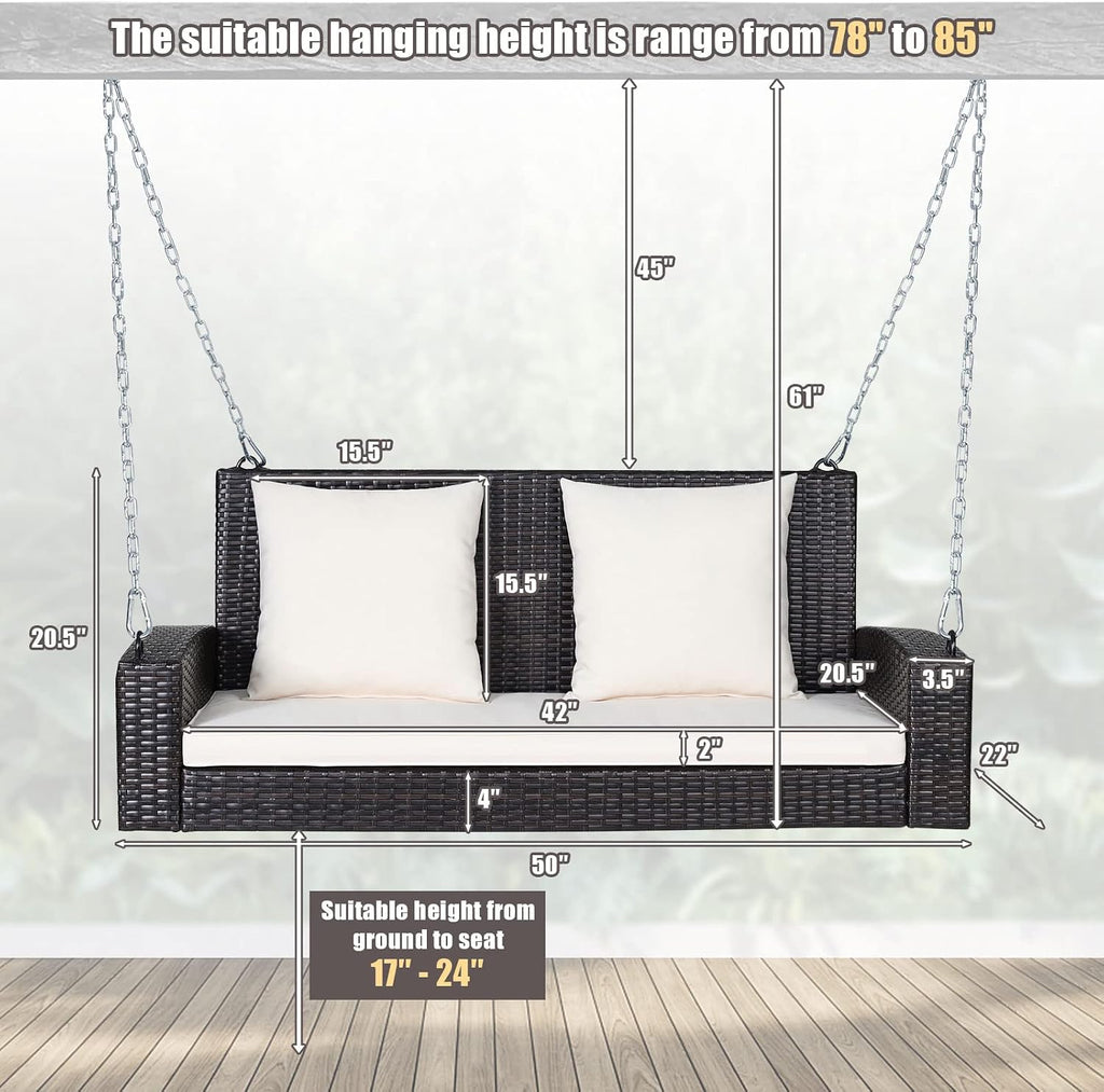 2-Person Wicker Porch Swing, Patiojoy Outdoor Rattan Hanging Swing Bench W/ 2 Back Cushions & 1 Seat Cushion, Sturdy