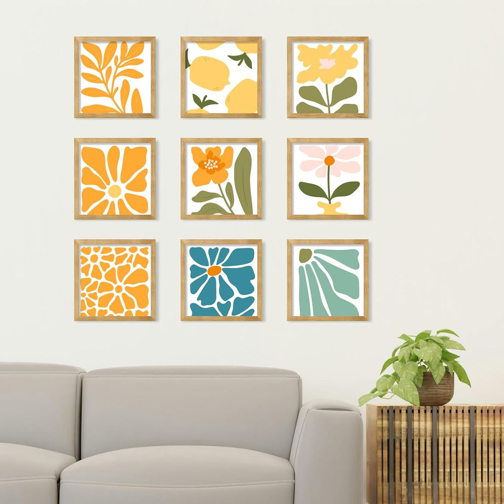12x12 Picture Frame Set of 9, Photo Gallery Wall Frame Set, Display Pictures 8x8 with Mat or 12 x 12 Without Mat