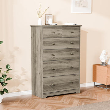 Tall Dresser, Rustic Grey Dresser 6 Drawer Chest of Drawers, Wood Gray Dressers , 31.5" W x 15.75" D x 47.64" H