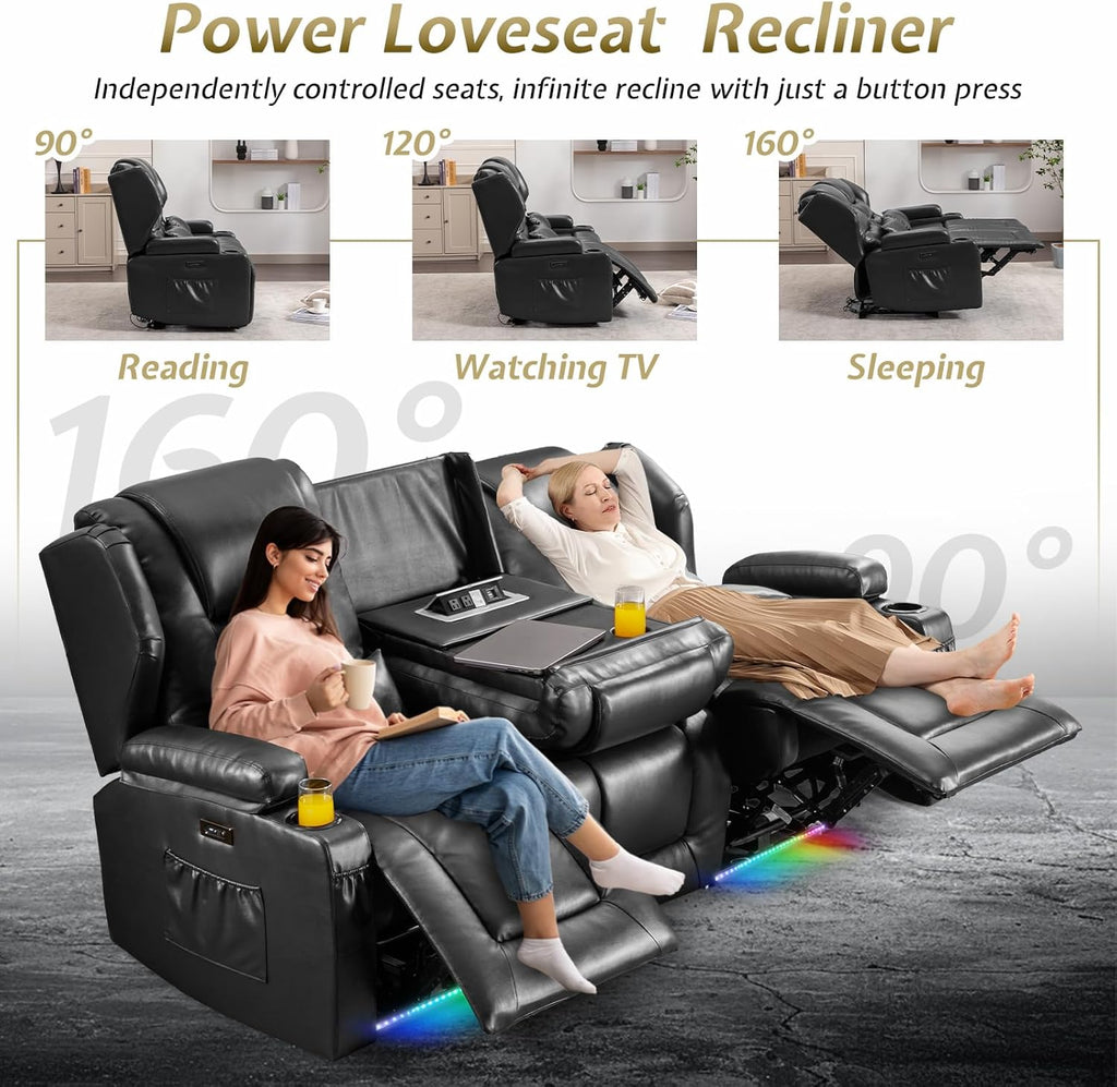 Power Loveseat Recliner Sofa with Adjustable Split Back, Multi-Port Charger, Flip-Up Backrest & LED Lighting