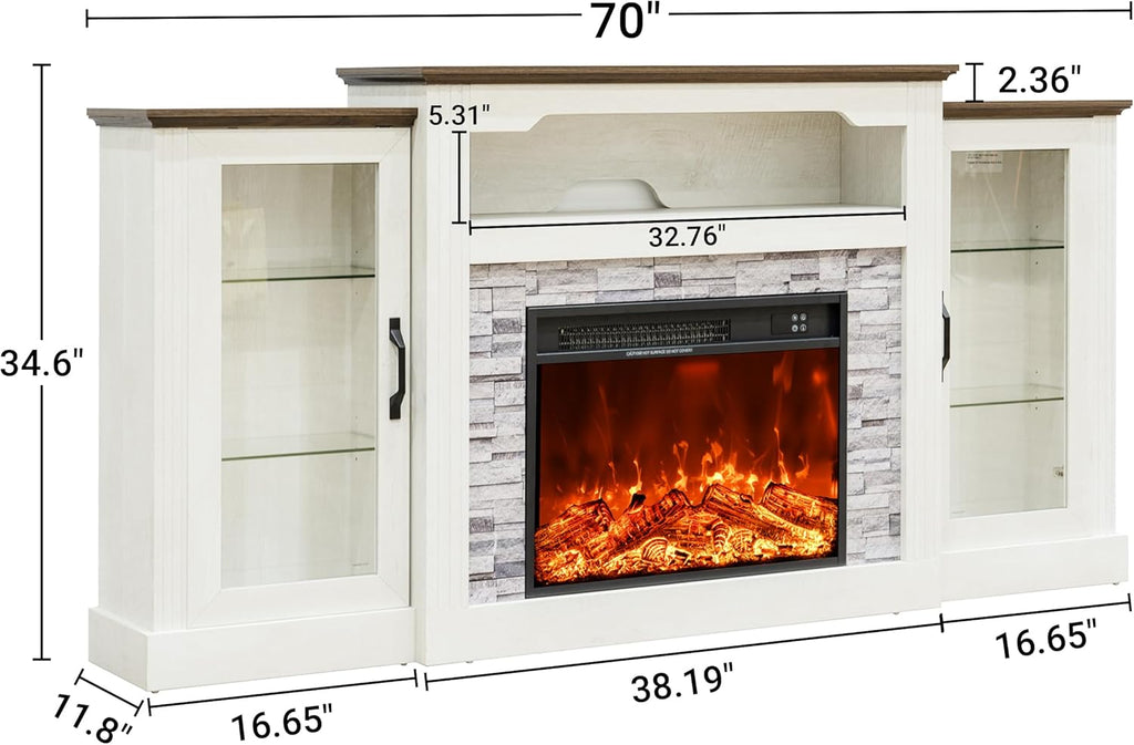70 Inch Farmhouse Electric Fireplace TV Stand with Mantel, Console Height Wooden Entertainment Center with Storage, 4800 BTU Adjustable Heating for Living Room or Bedroom