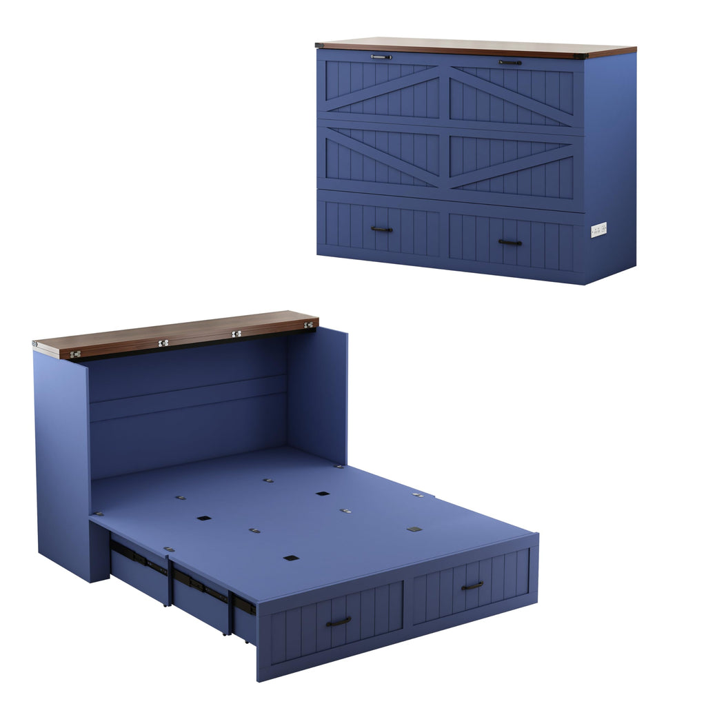 Queen Murphy Bed with Storage & Charging Station, Farmhouse Murphy Cabinet Bed with Large Drawer, Hideaway Foldable