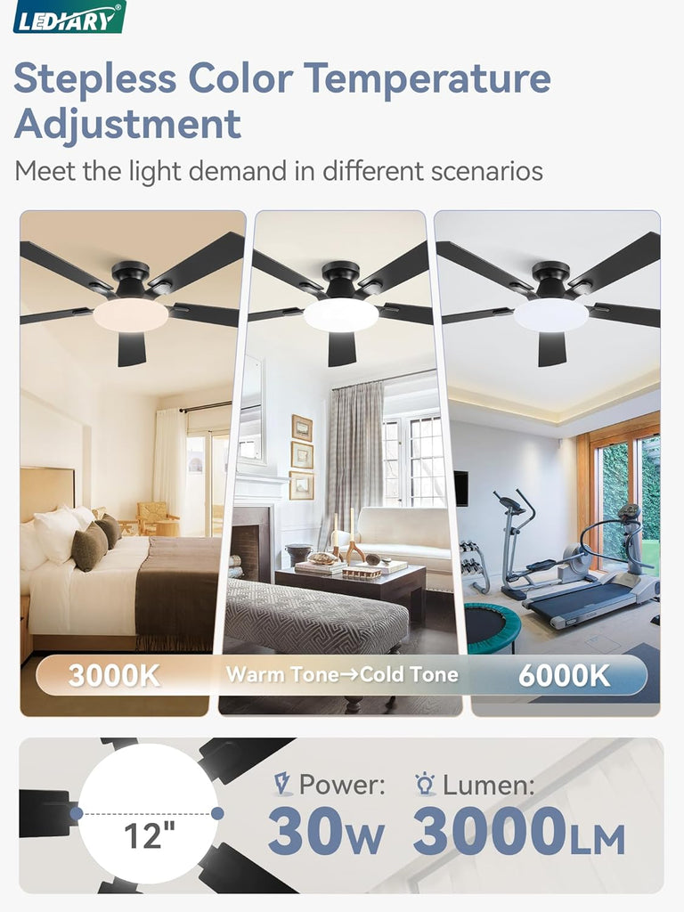 52 Inch Ceiling Fan with Lights and Remote, 30W 12" LED Panel Flush Mount Ceiling Fan