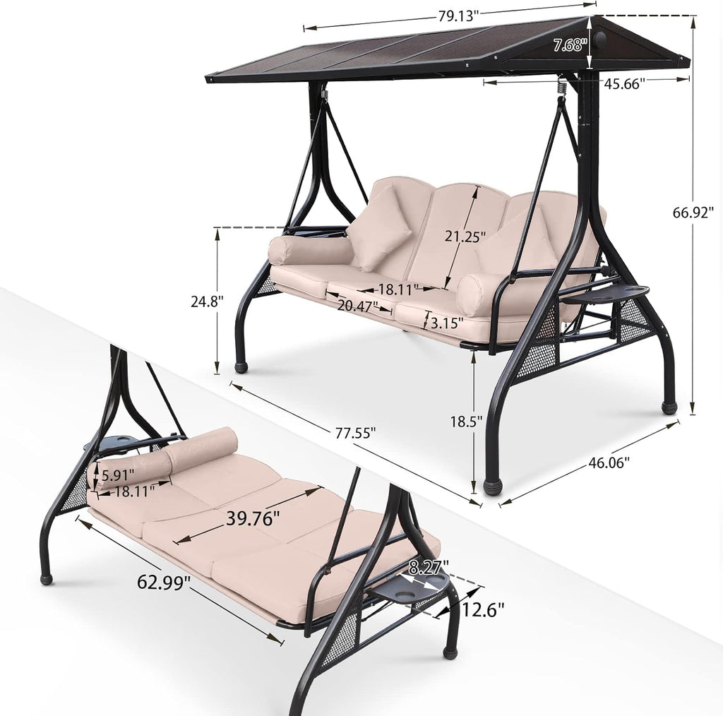 Hardtop Patio Porch Swing with Convertible Backrest & Side Tables | UV protection hardtop, Convertible Backrest, 2
