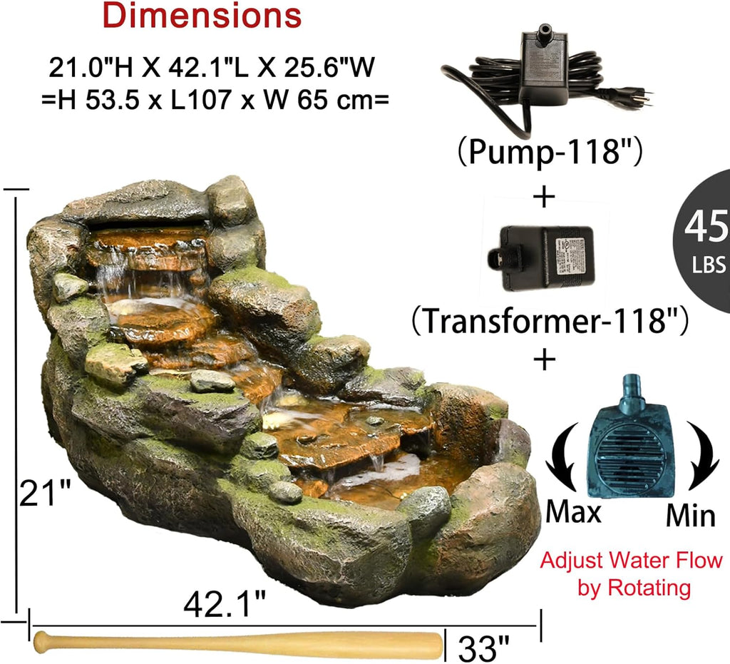 Garden Outdoor Water Fountain, 42.1" L Floor Standing Tiered Rock Outdoor Fountains with LED Lights and Pump
