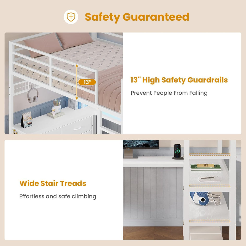Loft Bed Full with U-Shaped Desk, 6 Storage Drawers, Power Outlet, LED Metal Loft Bed with 2 Storage Shelves