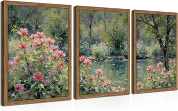 Framed Monet Wall Art Set of 3, Impressionist Botanical Floral Canvas Wall Decor, Vintage Cottagecore Artwork