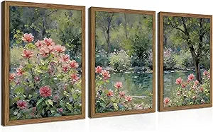 Framed Monet Wall Art Set of 3, Impressionist Botanical Floral Canvas Wall Decor, Vintage Cottagecore Artwork