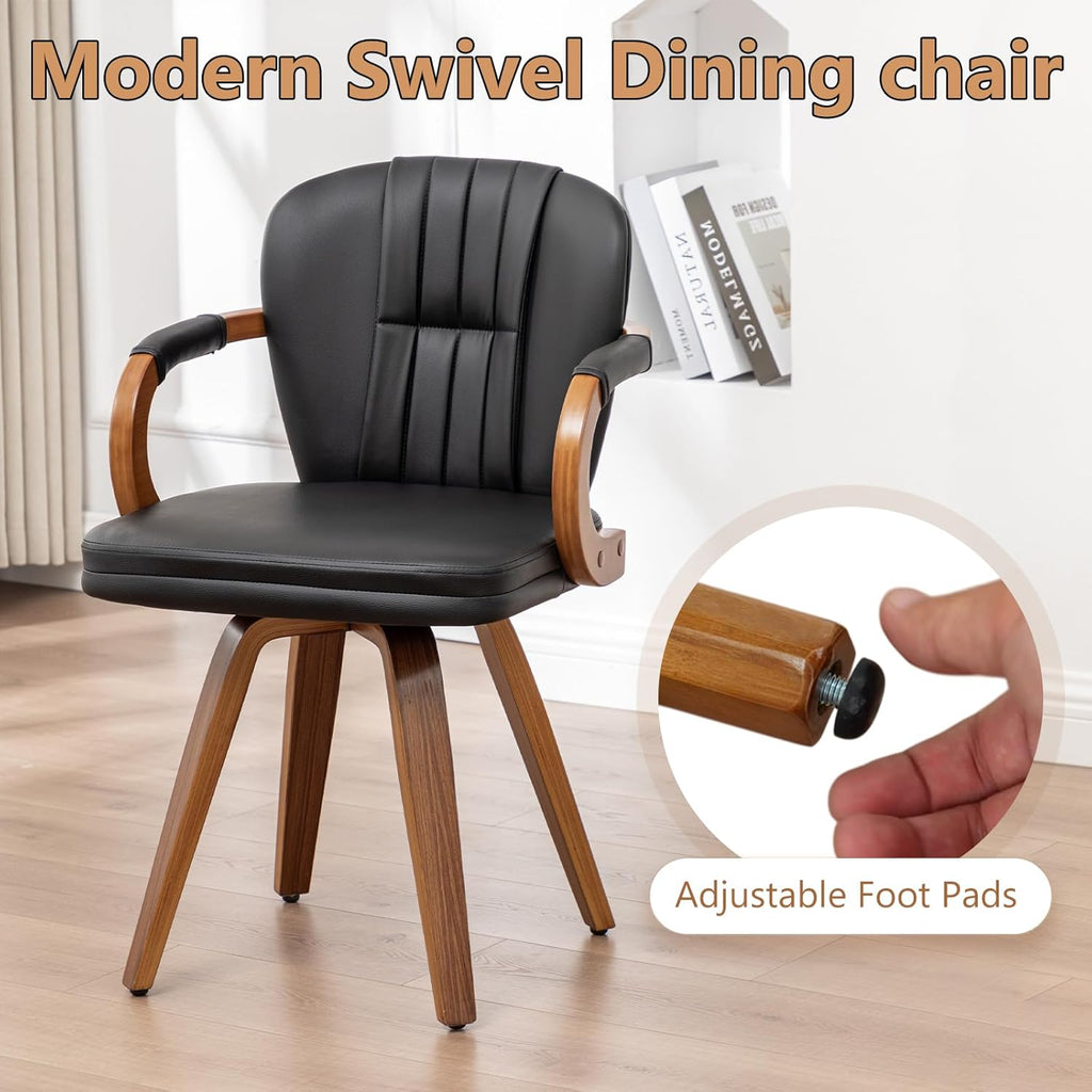 Swivel Dining Chair, Mid-Century Modern Faux Leather Upholstered Kitchen Chair with Bentwood Frame and Armrests, Ergonomic Wood Accent Chair, Black