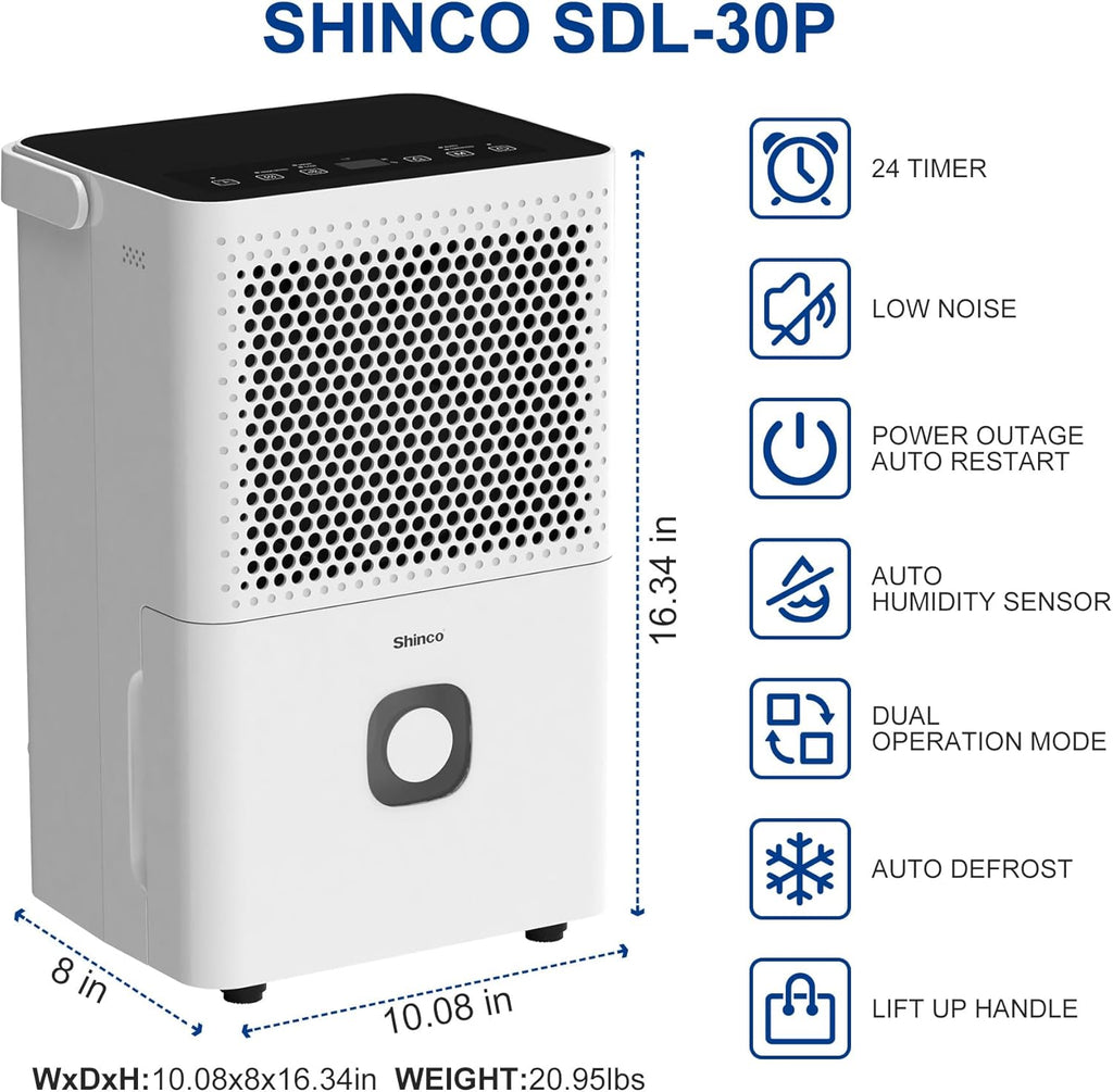 30 Pints Dehumidifier for Home and Basements, 1500 Sq.Ft Dehumidifiers with Drain Hose, Auto or Manual Drainage