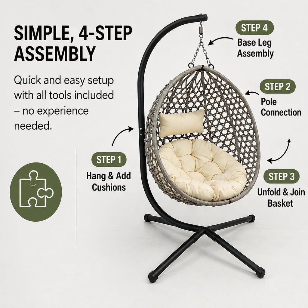 Folding PE Rattan Hanging Egg Chair with Stand, Wicker Swing Hammock, Heavy-Duty Steel and Aluminum Frame, 350 lbs