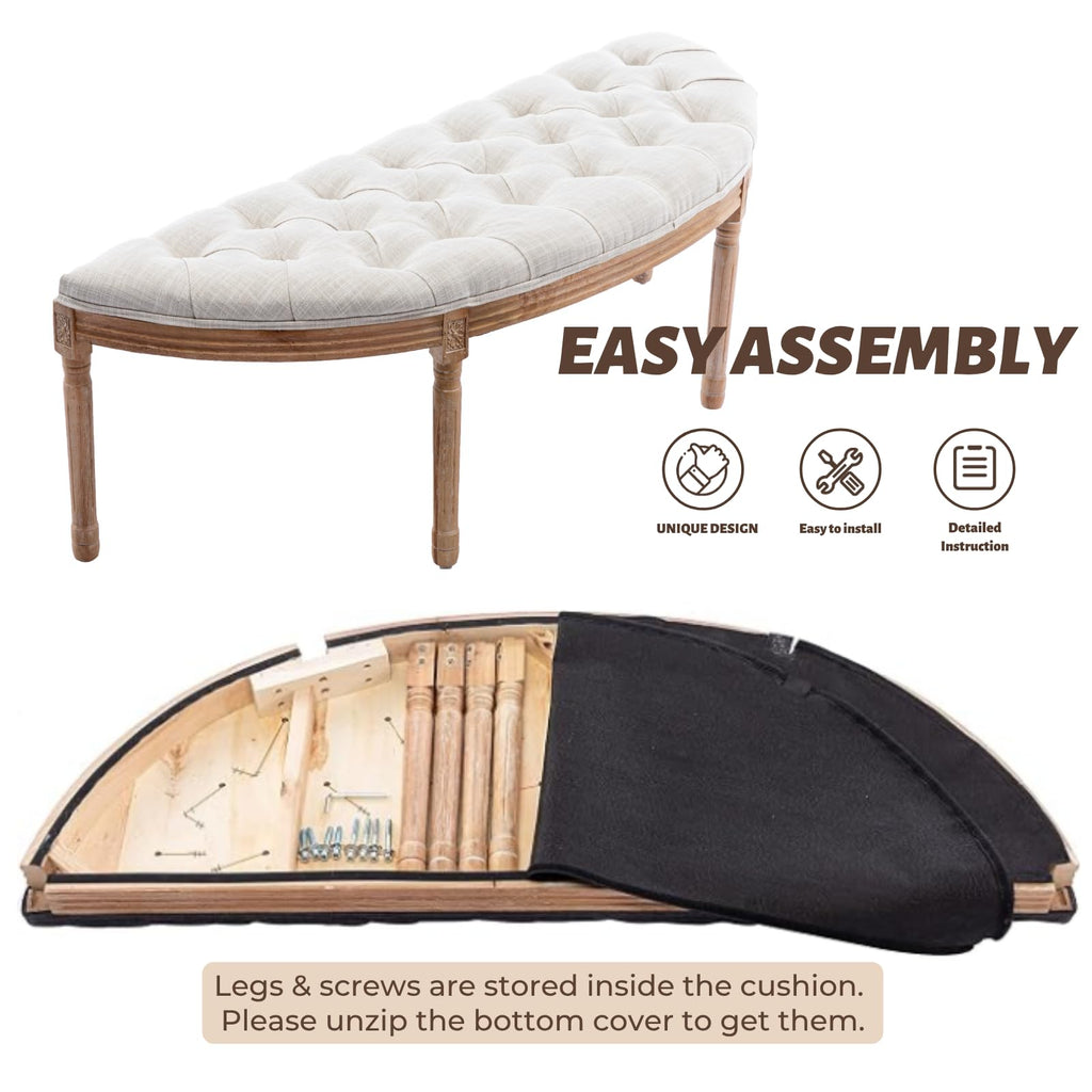 55" Button Tufted Semi-Circle Dining Bench Linen Halfmoon Entryway Bench Comfy Upholstered Bench Seat for Bay